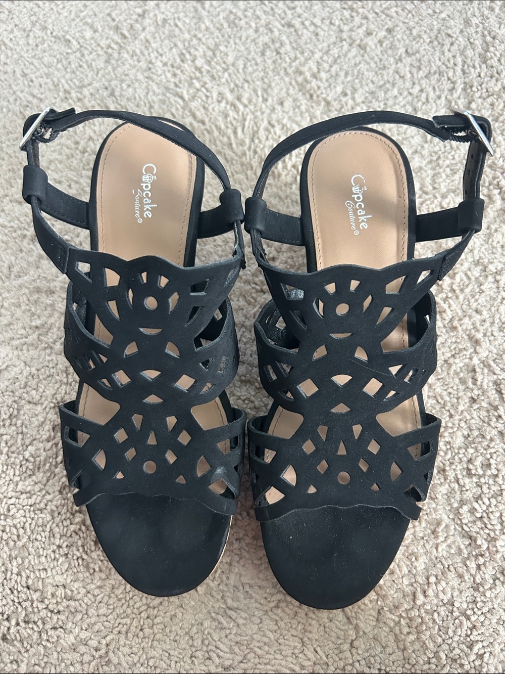 Cupcake Couture Women's Black Laser-Cut Sandals with Ankle Strap